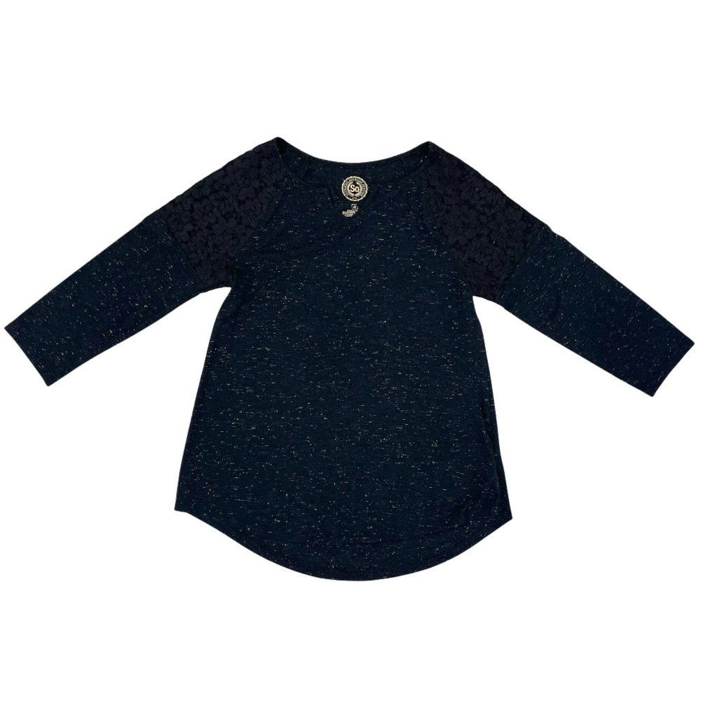 So Girls 12 Black Top 3/4 Sleeve Notch Neck Lace Shoulders Gold Threads